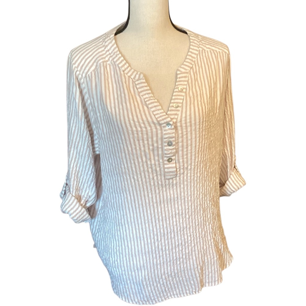 Jane + Delancey Pucker Weave Oversized Striped Roll Tab Sleeve Tunic Top Size 1X